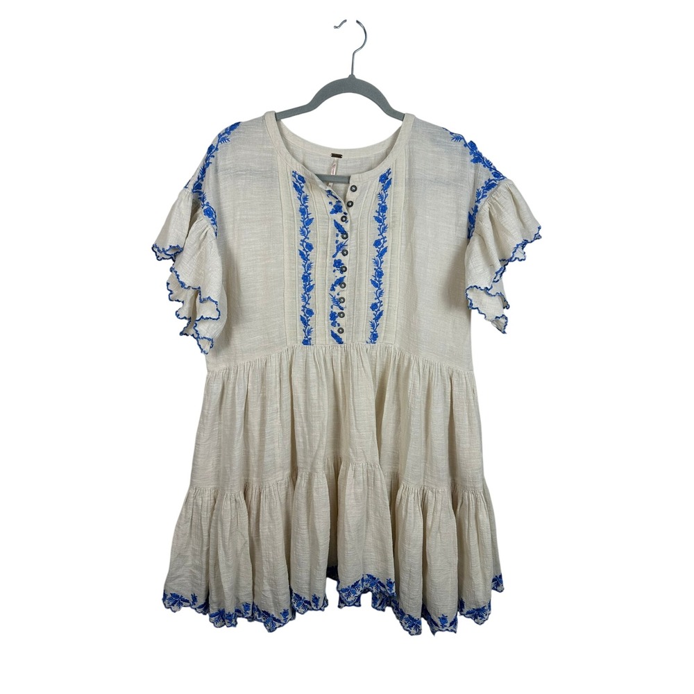 Free‎ People Tunic Dress Women XS Cream Blue Excellent Boho Embroidered Tiered